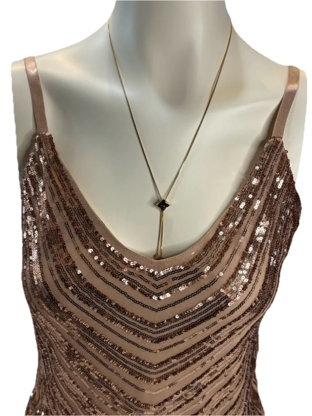 GUESS Beige & Gold Sequin Striped One-Piece Bodysuit Adjustable Straps Size L - Picture 2 of 6
